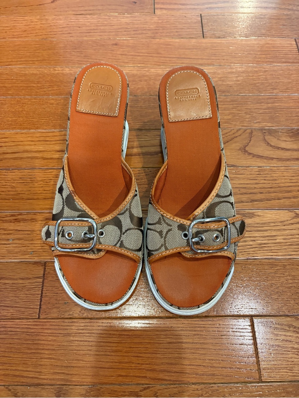 Coach Vintage Signature Canvas Heeled Wedge Slides with Silver Buckle